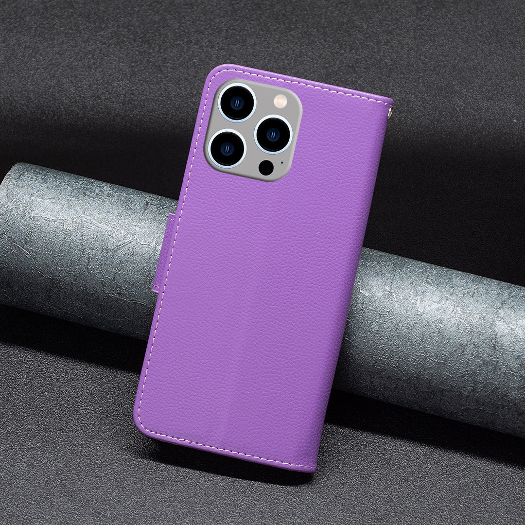 Uniqkart for iPhone 15 Pro Max Wallet PU Leather Case Litchi Texture Stand Anti-drop Phone Cover with Strap - Purple Uniqkart for iPhone 15 Pro Max Wallet PU Leather Case Litchi Texture Stand Anti-drop Phone Cover with Strap - Purple